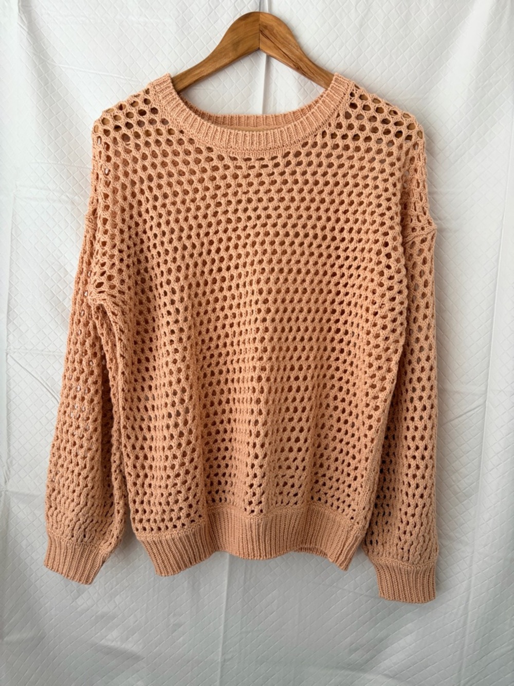Crescent Open-Knit Peach Crewneck Sweater